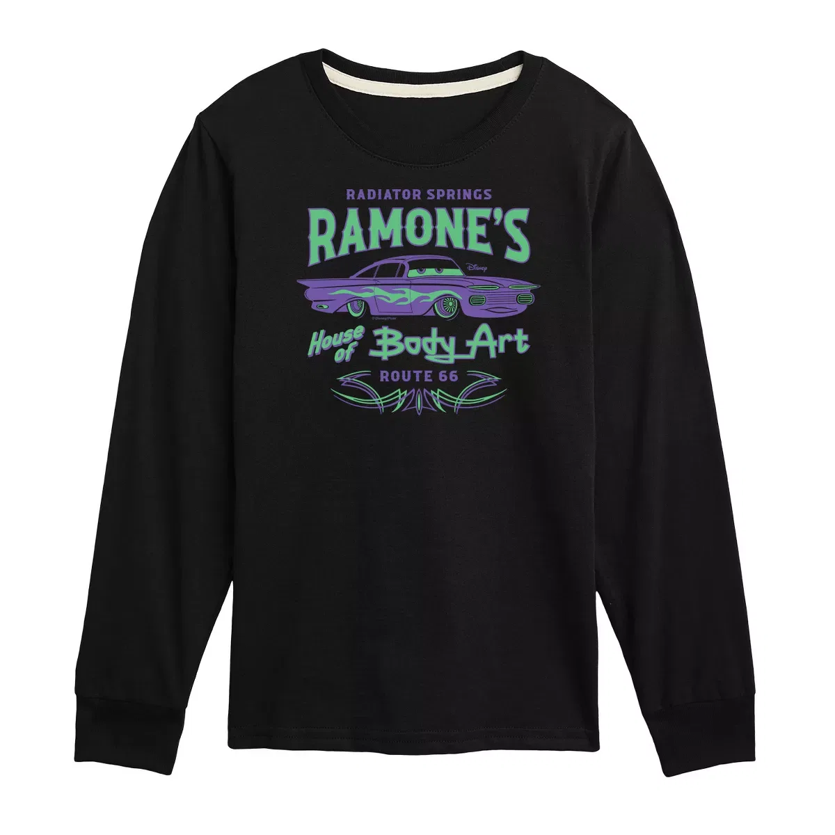 Детское футболка с длинным рукавом с принтом Radiator Springs Ramone's House of Body Art Rt 66 Disney, Black
