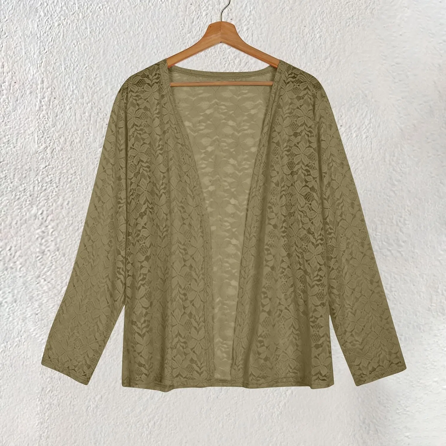 Женский легкий кардиган без застежки с кружевной сеткой, Long Sleeve Loose Cardigans, зелёный — фото 4