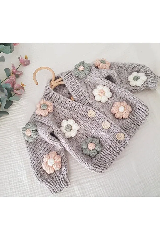 Детский кардиган с принтом Daisy Detailed Hand Knitted Children's Cardigan El Örgüsü, Brown — фото 3