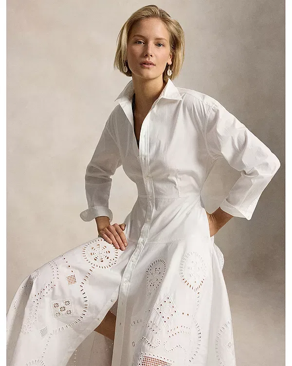 Женское платье-рубашка с вышивкой Cotton eyelet shirt dress Ralph Lauren, белый — фото 2