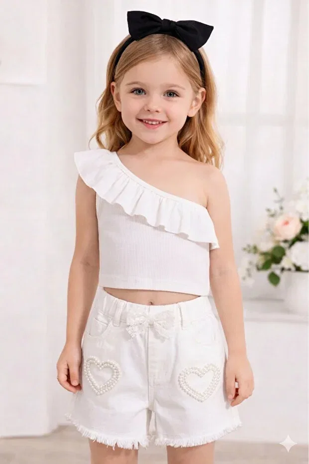 Детский топ для девочек на одно плечо с рюшами Heren, White