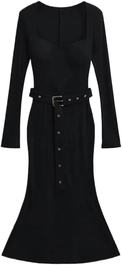 Женское зимнее вязаное платье с квадратным вырезом Slim Fit Vintage, Black