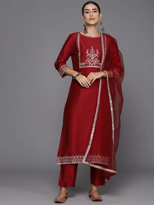 Женское платье-курта с принтом и брюками с дупаттой Cotton Silk, Maroon — фото 3