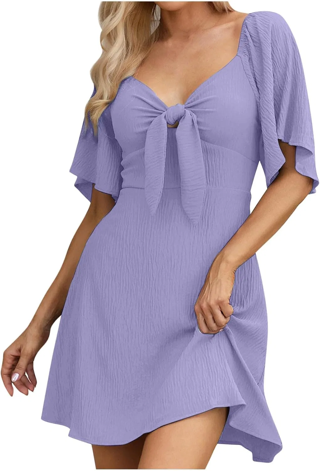 Женское летнее платье с V-образным вырезом и бантом, A-line, Purple