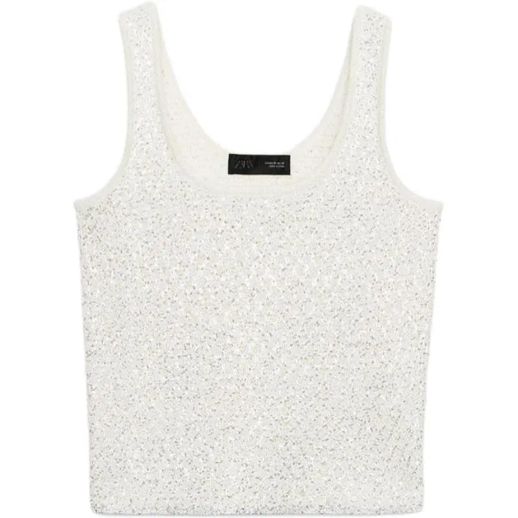 Женский топ без рукавов с круглым вырезом Raw White ZARA, Белый