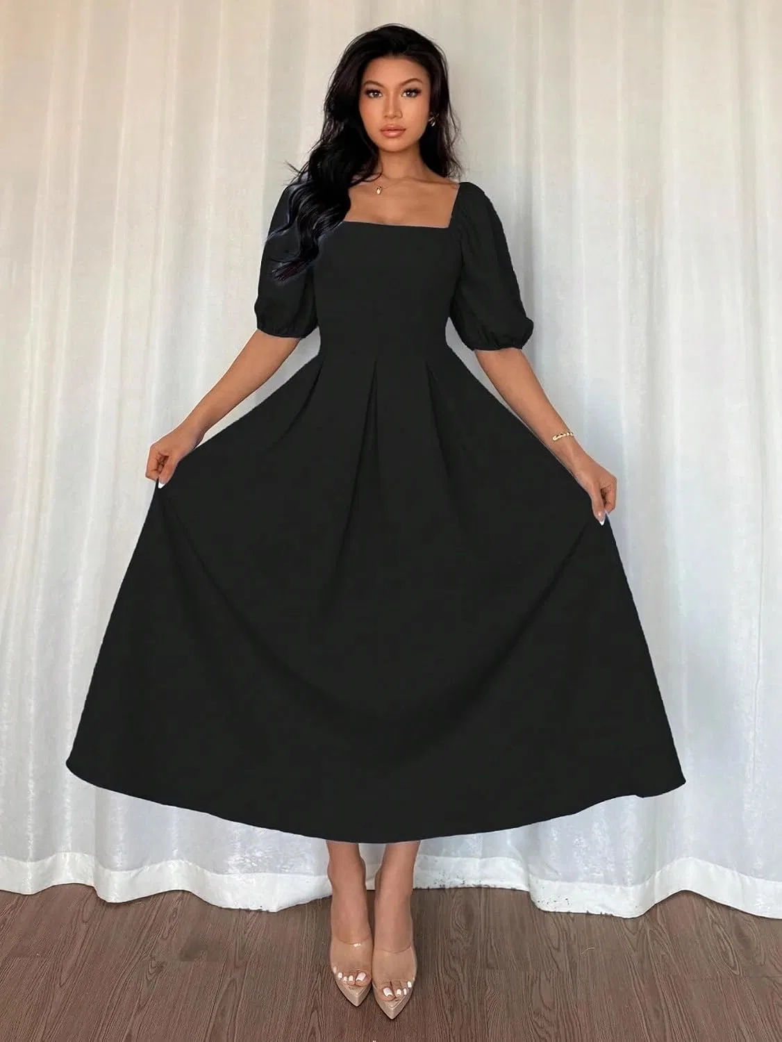 Женское повседневное платье миди с рюшами A-силуэта, Black — фото 3