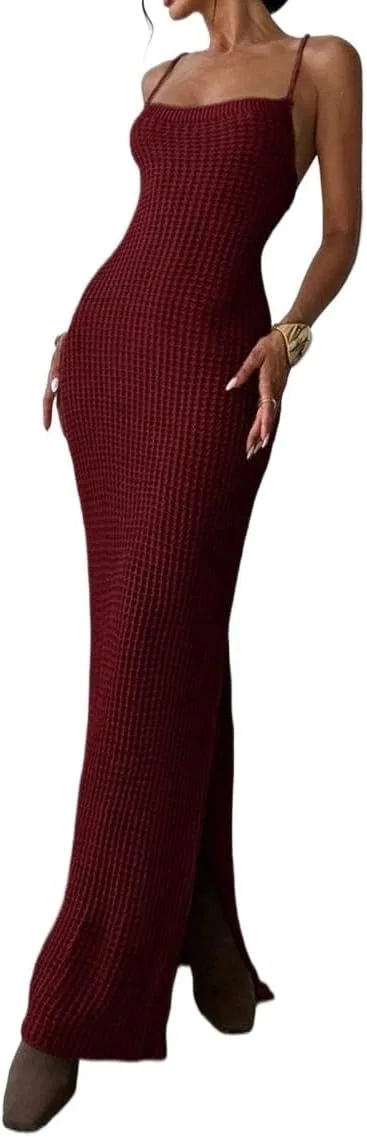 Женское сексуальное платье миди с разрезом Knit, Burgundy