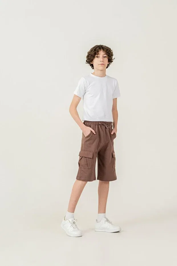 Детские шорты для мальчиков с принтом Double cargo pockets left pocket cover Mışıl Kids, Brown — фото 2