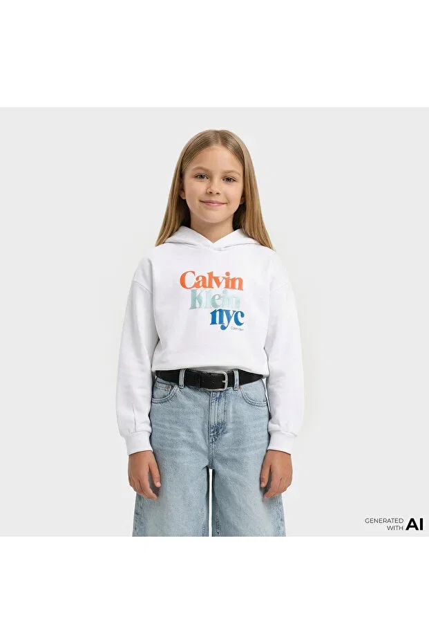 Детское худи для девочек хлопковое Pearl Signature Terry Calvin Klein, White