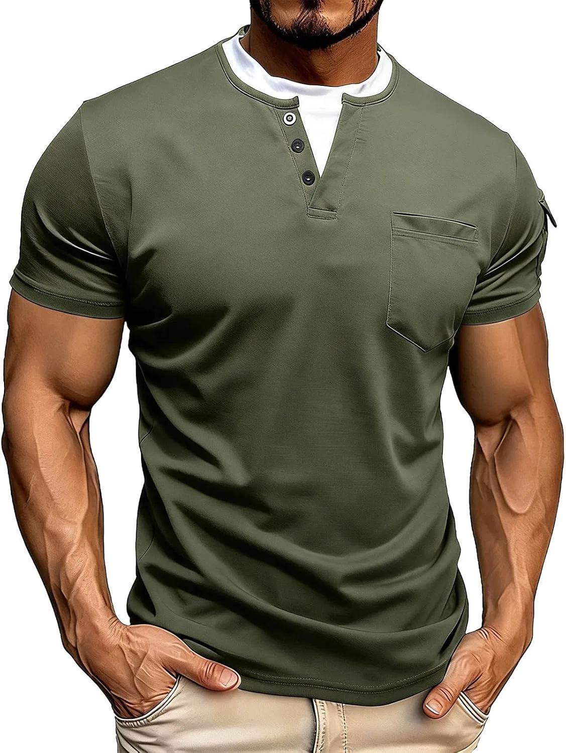 Мужская хлопковая футболка-поло с ложным двухслойным эффектом Oversize, Army Green