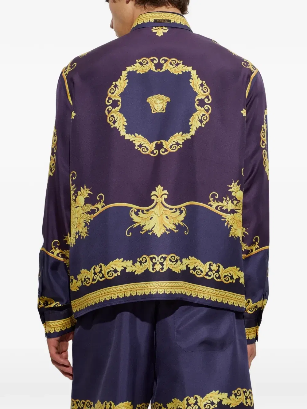 Шелковая рубашка с принтом барокко VERSACE, синий — фото 4