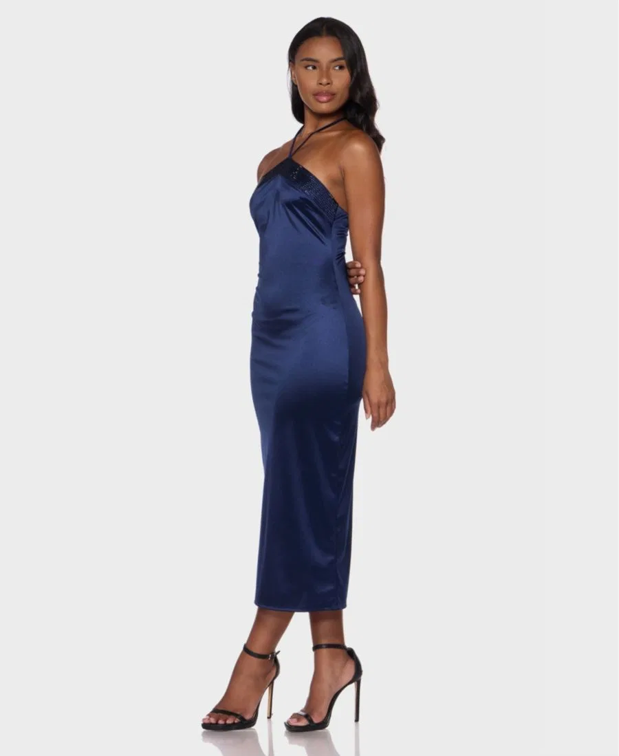 Платье миди с камнями на шее-халтер, модель Stone-Embellished Halter Neck Satin Midi B Darlin, Navy — фото 2