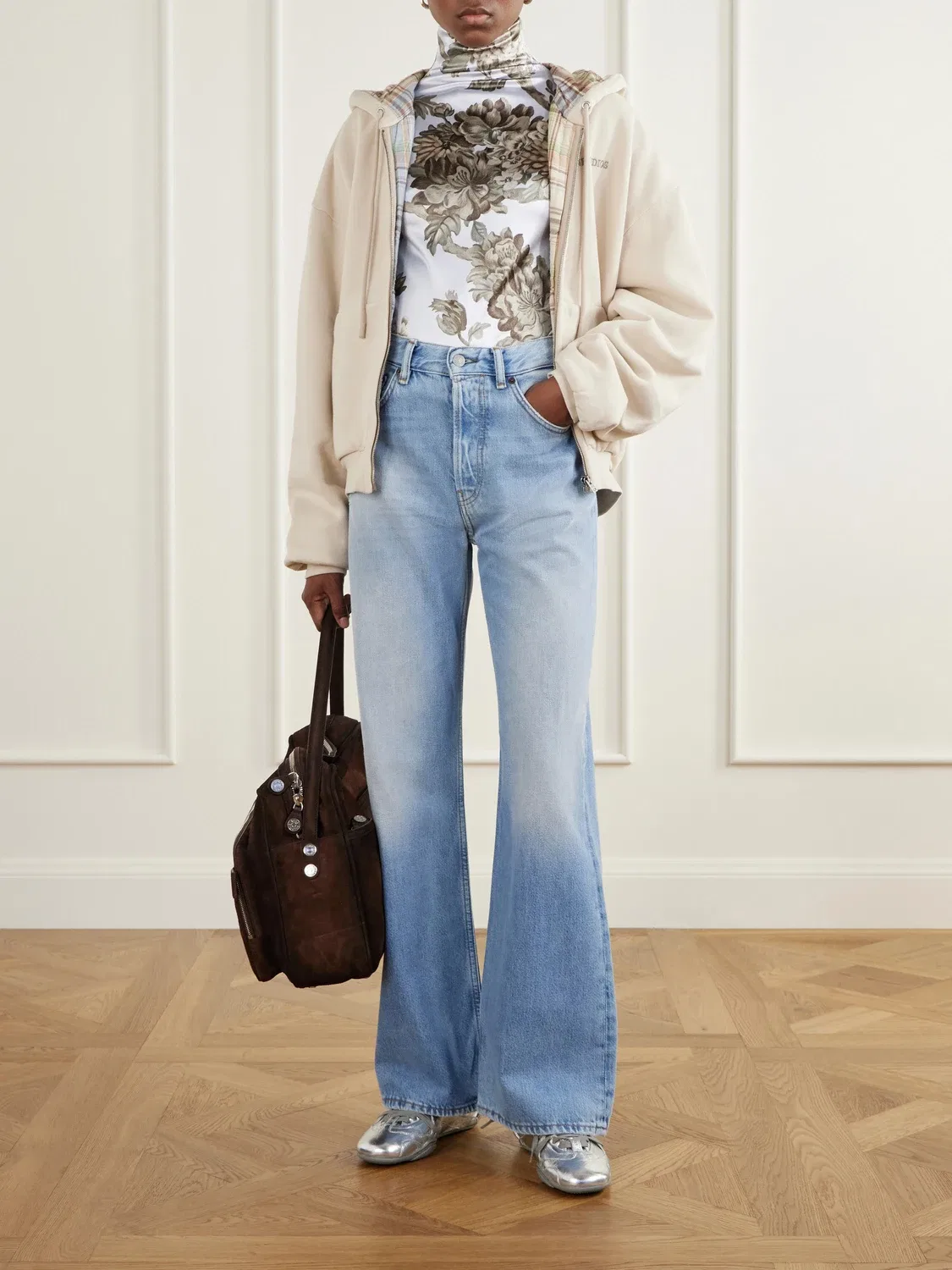 Худи на молнии из хлопка с вышивкой Acne Studios, бежевый — фото 2