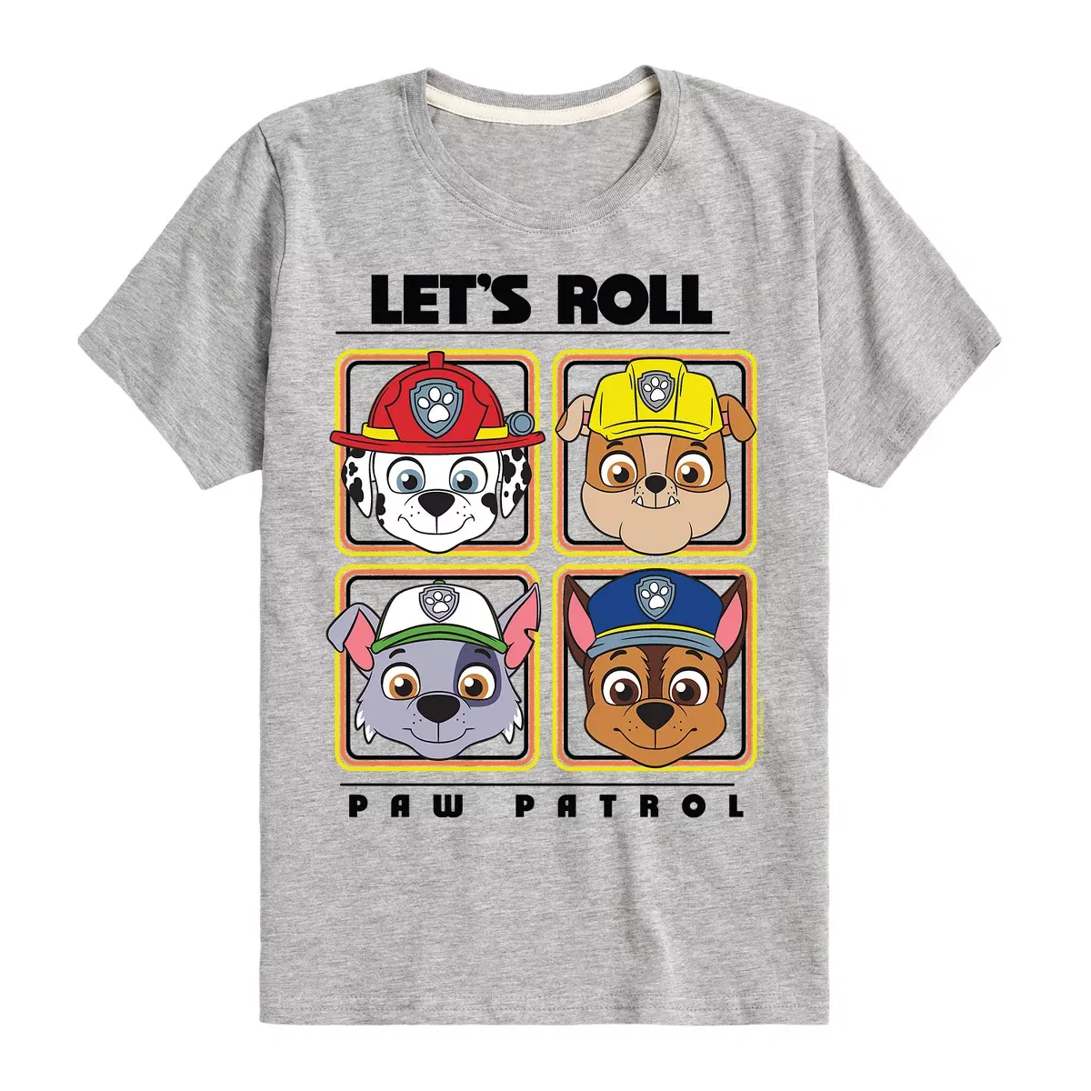 Детская футболка с принтом Let's Roll Marshall Rubble Chase Everest PAW Patrol, Heather Grey