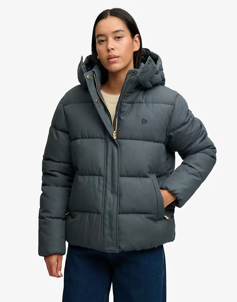 Пуховая куртка Superdry Premium с капюшоном в клетку оливково-синий — фото 2