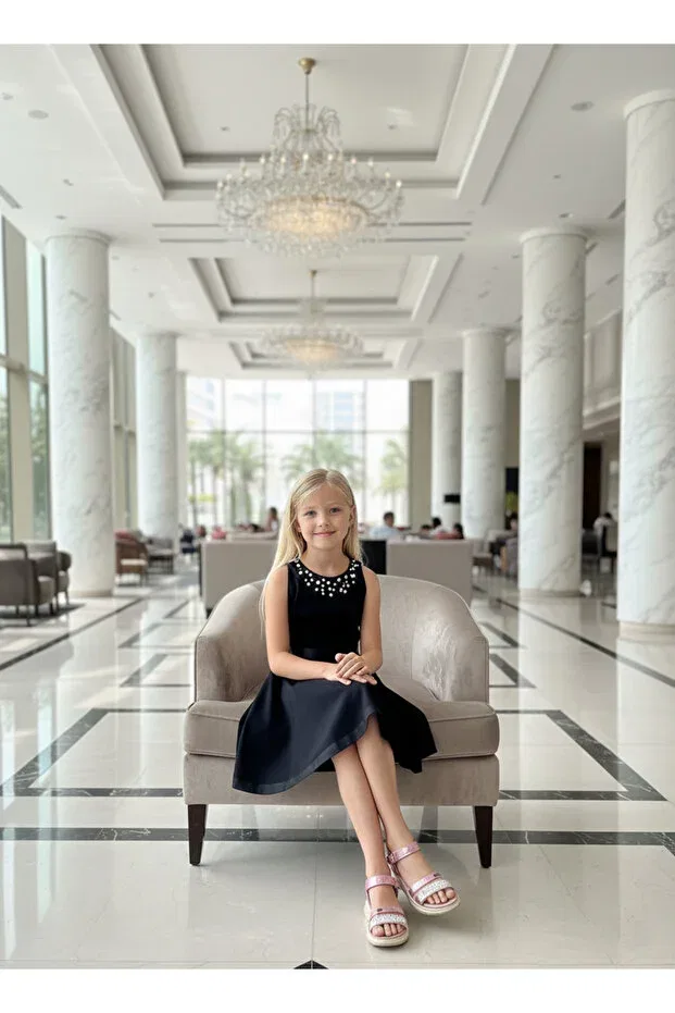 Детское платье для девочек с жаккардовым узором Pearl Collar Girls' Dress Wena Kids, Black — фото 2