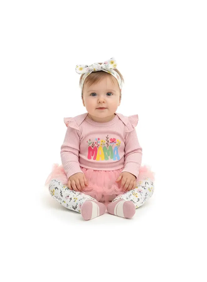 Комплект для девочки с длинным рукавом с принтом Mama Bambimici, розовый