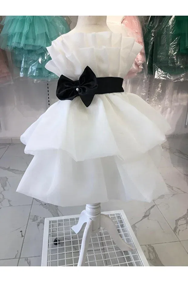 Детское вечернее платье для девочек с принтом Strappy Bow Detailed Layered Bonita, White