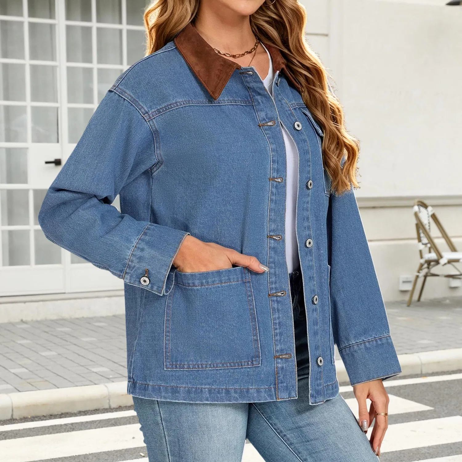 Женское джинсовое пальто oversize с контрастным воротником, осеннее, Azzurro chiaro — фото 3