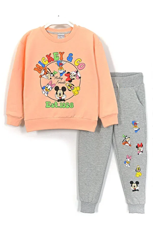 Детский комплект свитшот и брюки для девочек с принтом Printed Long Sleeve Soft Cotton Fabric Crew Neck Cuffed Leg Girl's Tracksuit Set Dobakids, Salmon