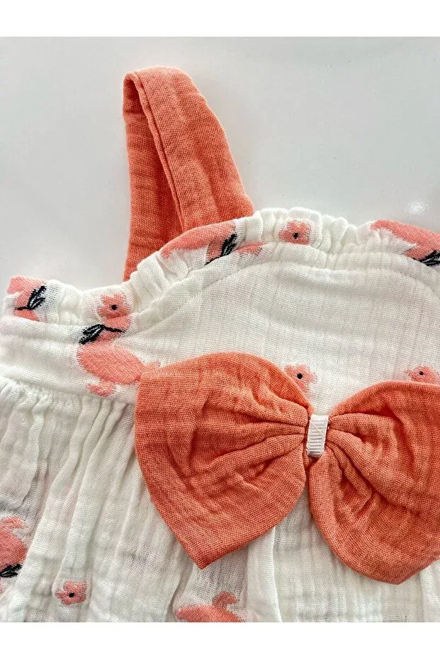 Детское платье для девочек хлопковое Flamingo patterned muslin baby girl dress with straps and bow Mbk Garden, Pomegranate Blossom — фото 3