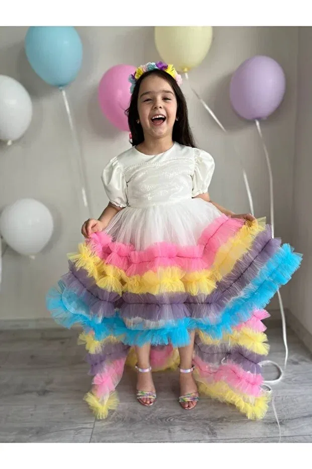 Детское платье для девочек с принтом Party Sare Çocuk Giyim, Multicolor — фото 3