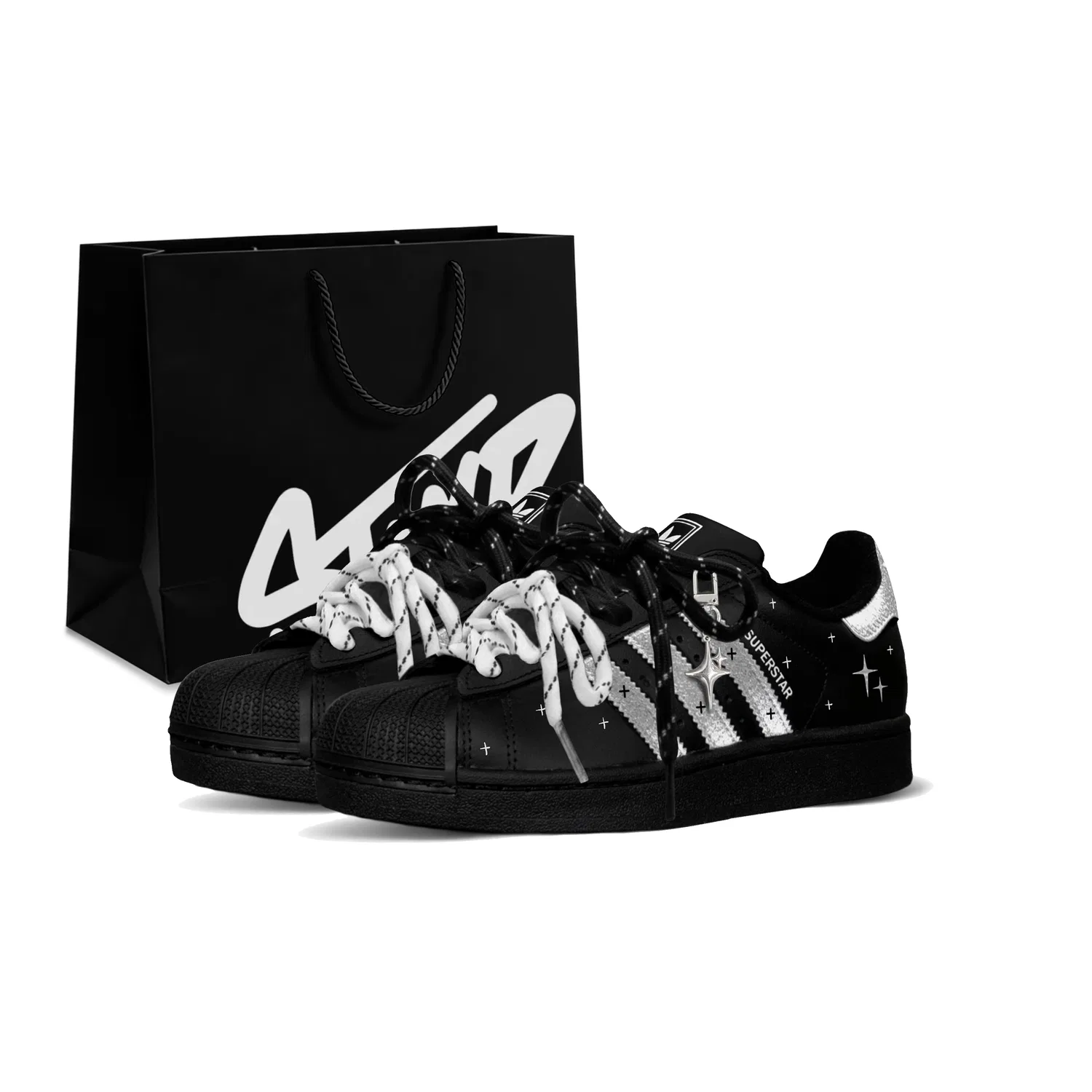 Детские кроссовки для мальчиков и девочек с принтом, Adidas Originals Superstar 2, Black, Cross Stars Shopping Bag