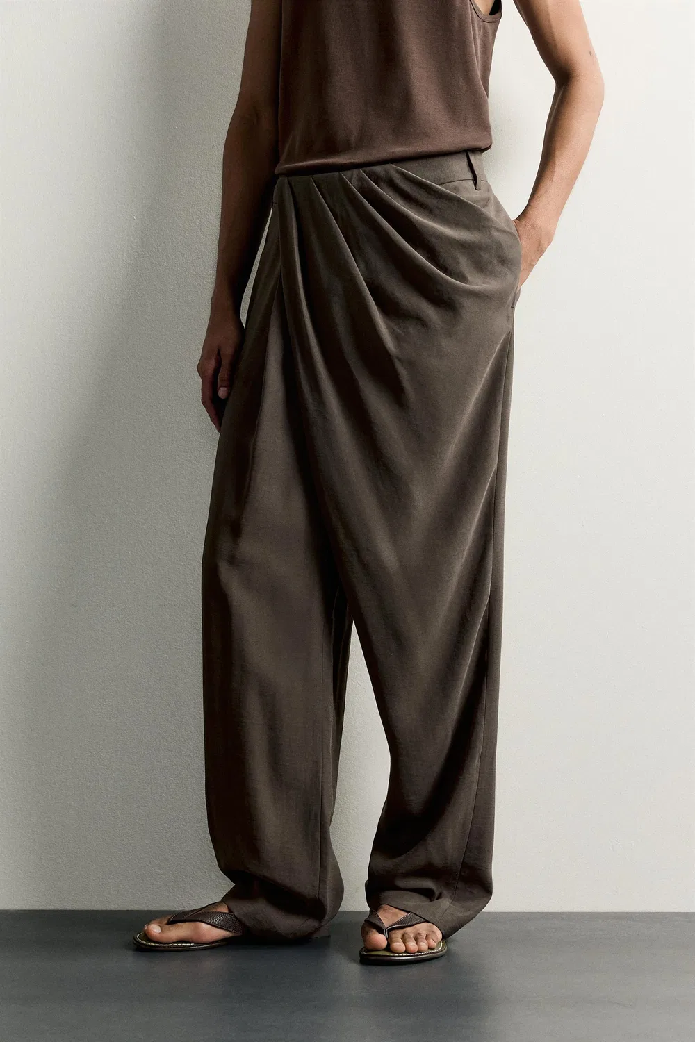 Свободная серия струящихся драпированных брюк ZARA, Sand/Marl — фото 2