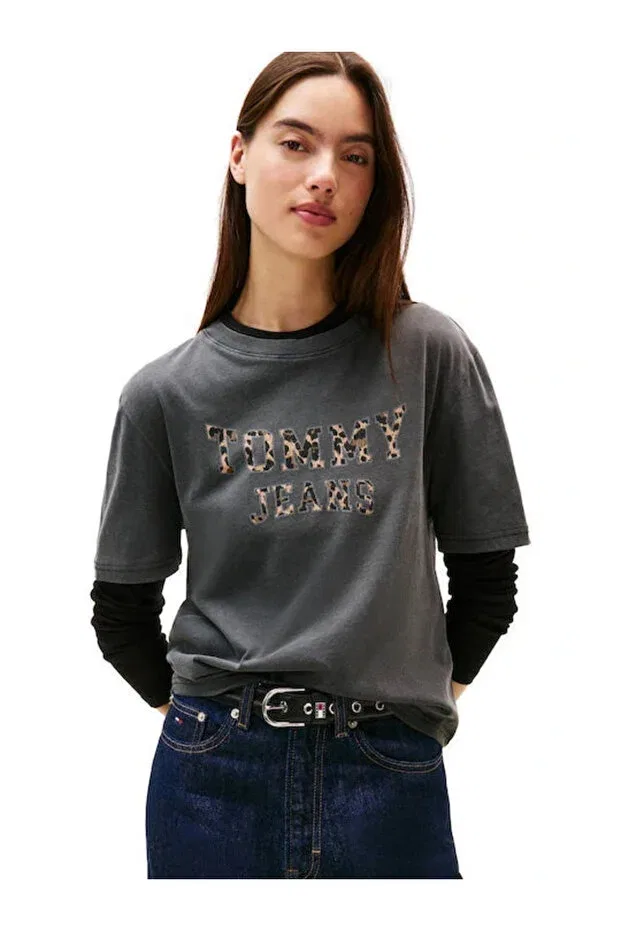 Женская футболка с принтом TJW Box Cut Leopard Print College Style Tommy Hilfiger, Triple Black