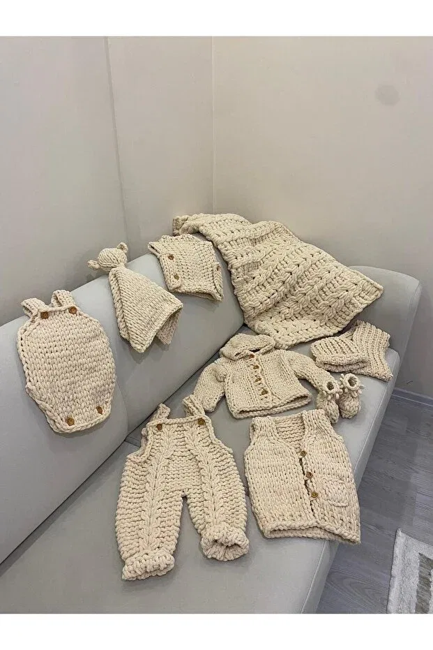 Детский комплект для новорожденных из футера Puffy set Örgü Yumağim, Beige — фото 2
