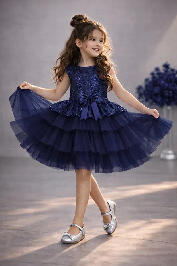 Детское платье для девочек с блестками из фатина Rumi Kids, Navy Blue