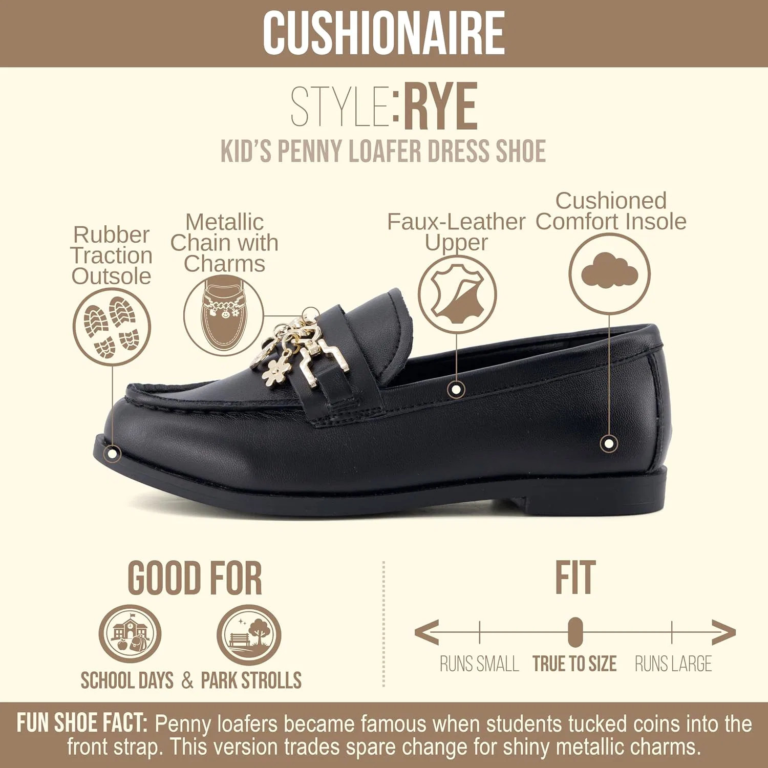 Детские туфли-лоферы для девочек с цепочкой-подвеской CUSHIONAIRE, Black Smooth — фото 4