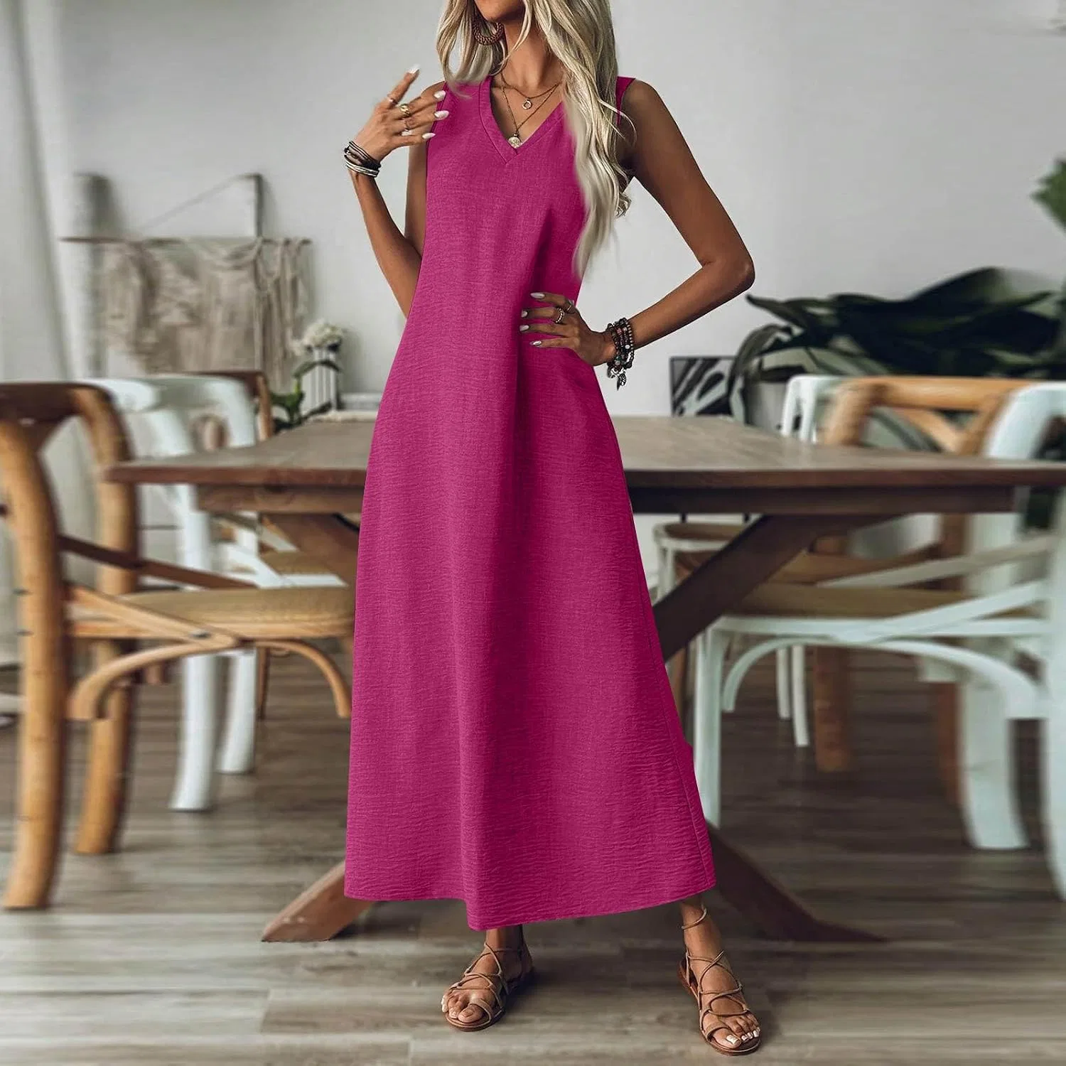 Женское летнее платье-миди свободного кроя из хлопка и льна, Hot Pink — фото 4