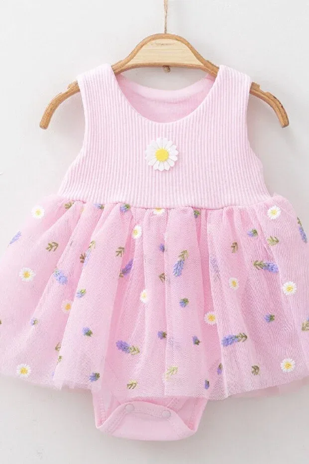 Детское платье для девочек с принтом Lavender patterned tulle dress with ribbed sleeves Dinamik Çocuk, Pink Lavender — фото 4