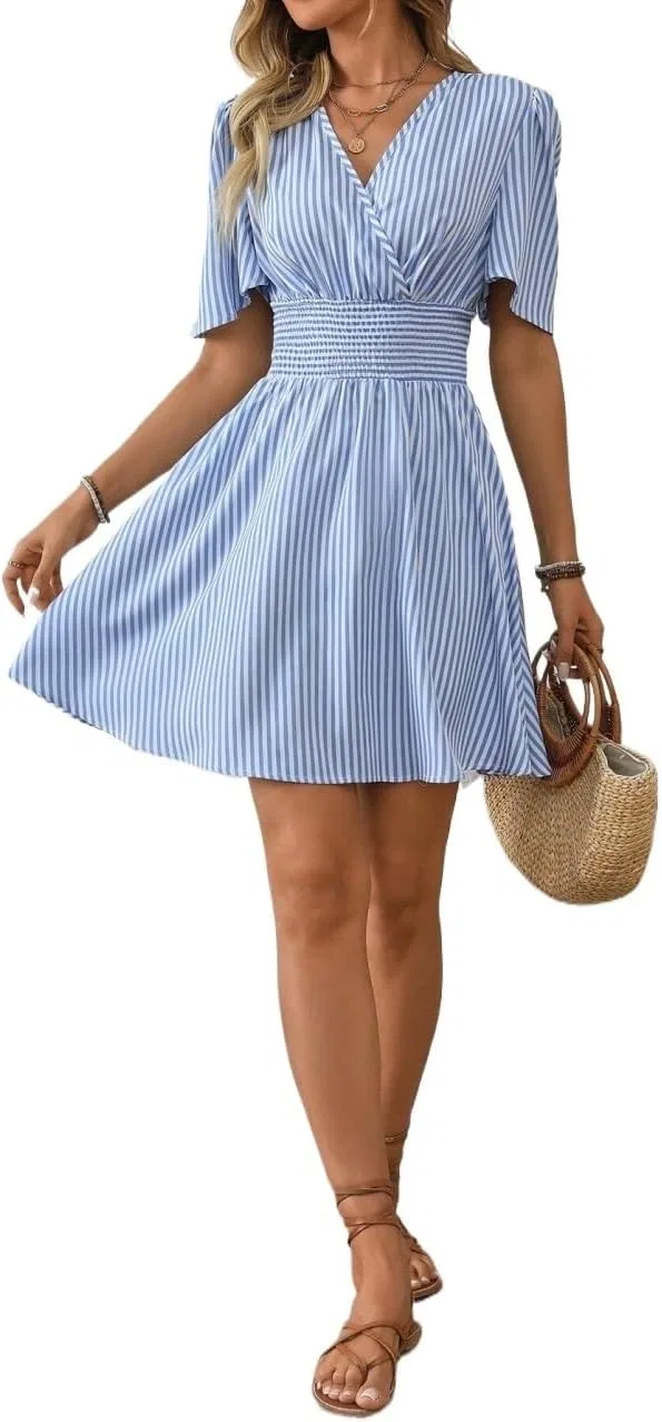 Женское повседневное платье A-силуэта с воротником V, Striped, Blue and White