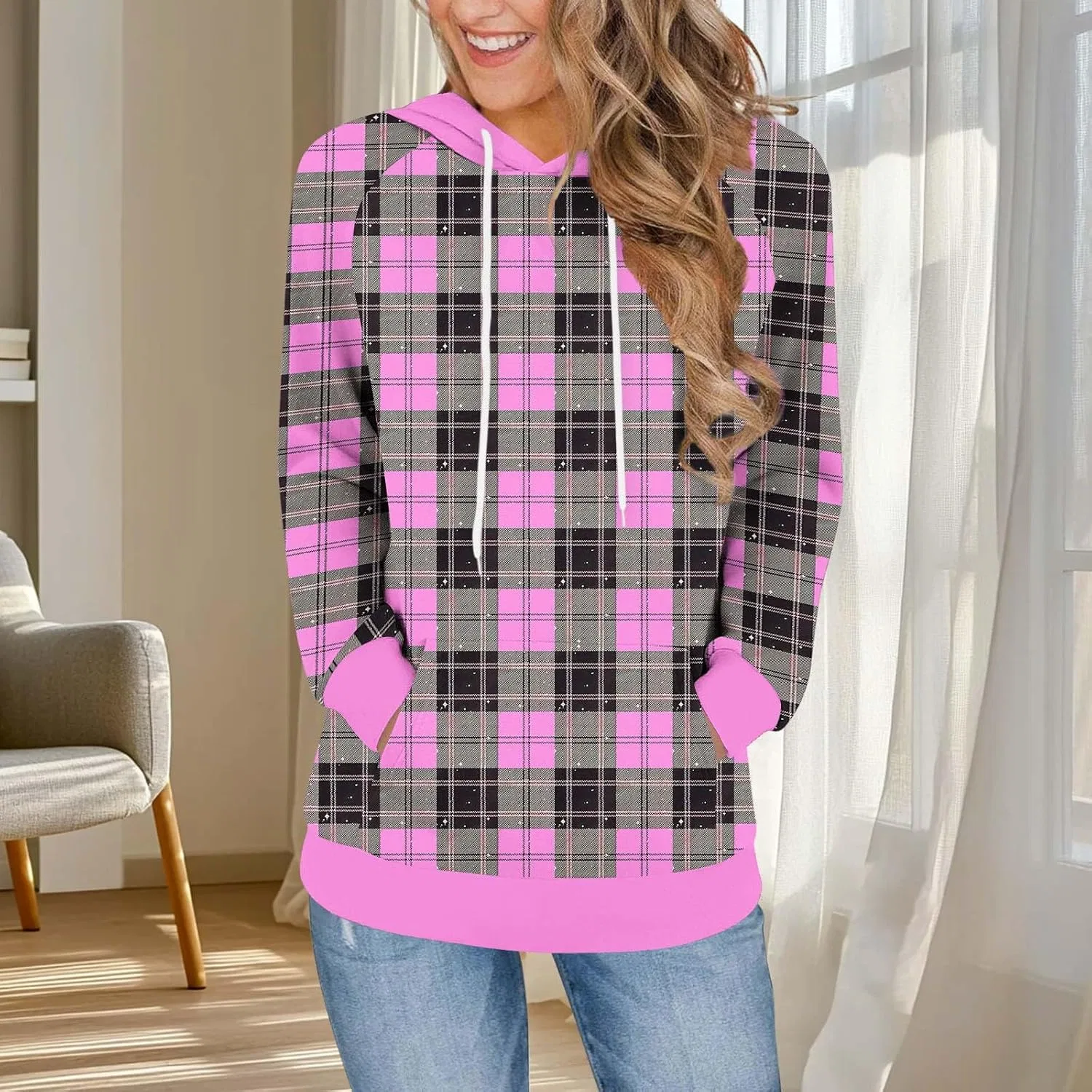 Женский свитшот-худи с принтом, модель Plaid Print, ярко-розовый — фото 3