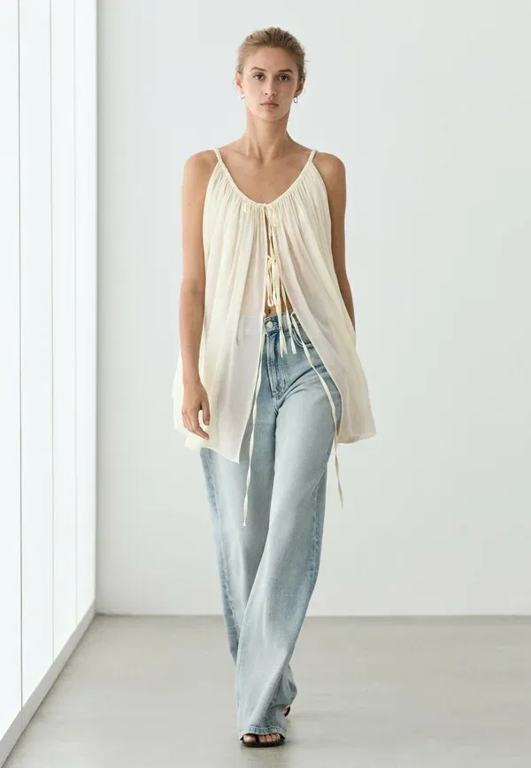 Топ из хлопка и купро Massimo Dutti, beige, бежевый — фото 4
