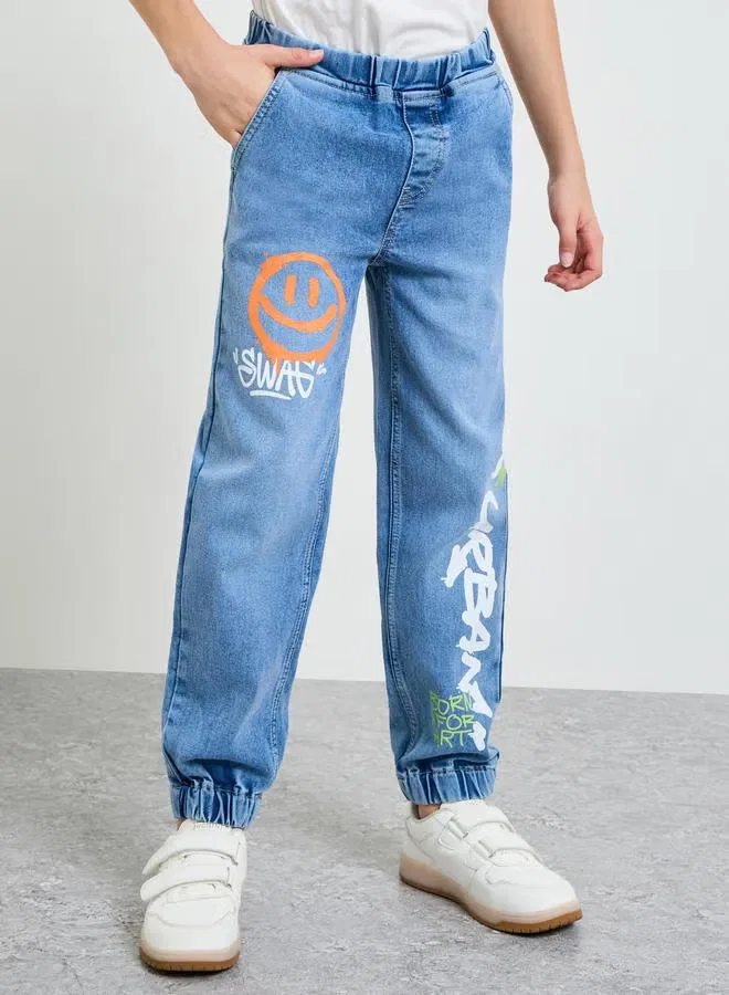Джинсы с принтом для мальчиков, джинсы на резинке, модель Graphic Print, Styli, голубой