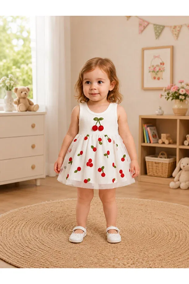 Детское платье для девочек с принтом Cherry Pattern Nayinom, White — фото 2