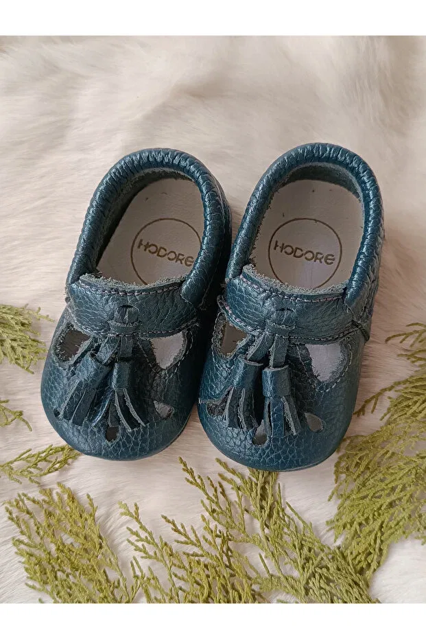 Детские пинетки из натуральной кожи с кисточками Wizy tasseled petrol blue genuine leather baby booties moccasins Hodore, Petrol Blue With Tassels