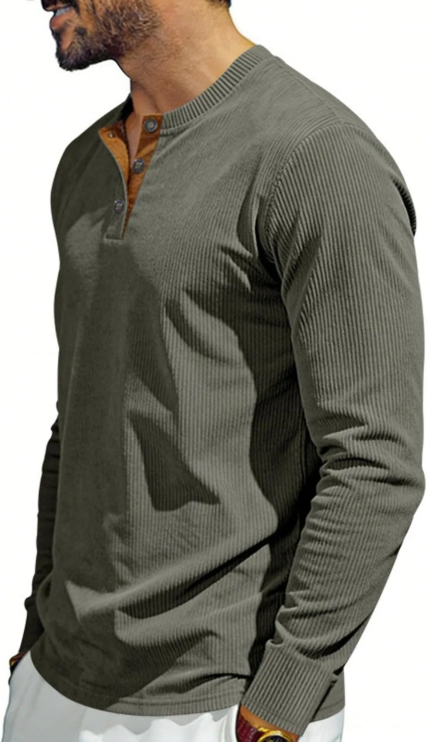 Мужская спортивная футболка с длинным рукавом вельветовая Henley, Army Green — фото 4