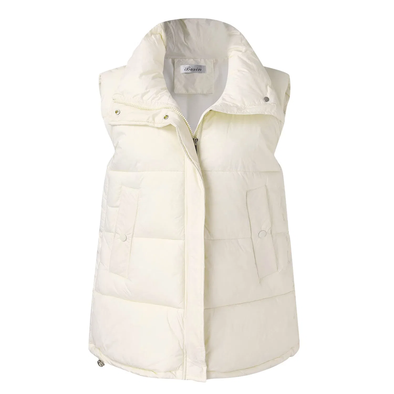 Женский стеганый жилет с капюшоном оверсайз Y2K Solid Color Elegant Lightweight Quilted Down Jacket Sporty Windproof Warm, Beige — фото 4