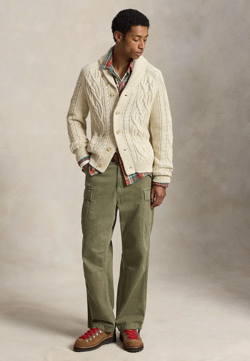 Хлопковый кардиган-шаль арановой вязки - кардиган Polo Ralph Lauren, Oatmeal Combo — фото 2