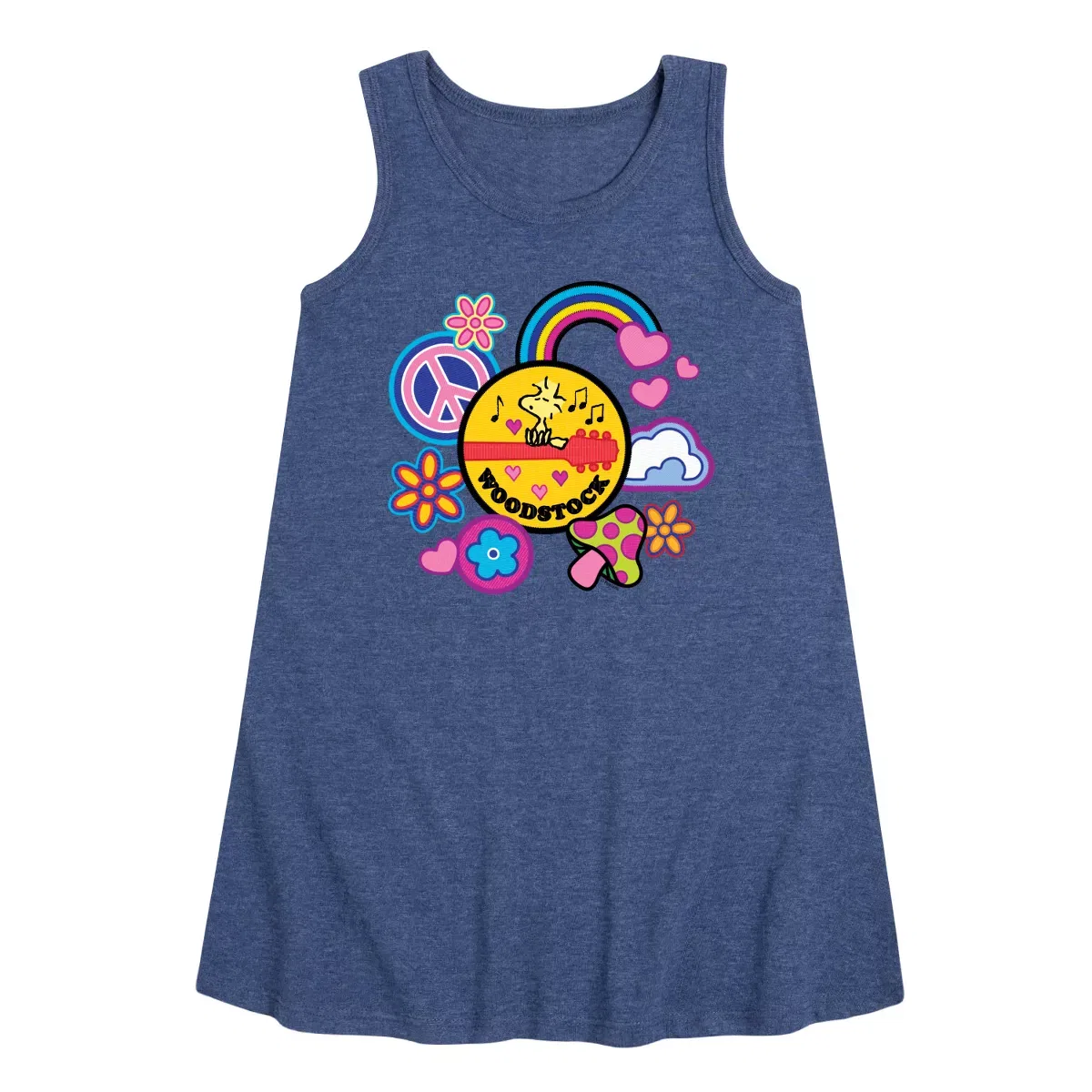 Детское платье-трапеция без рукавов Peanuts Woodstock Peace And Love Flair, Heather Navy