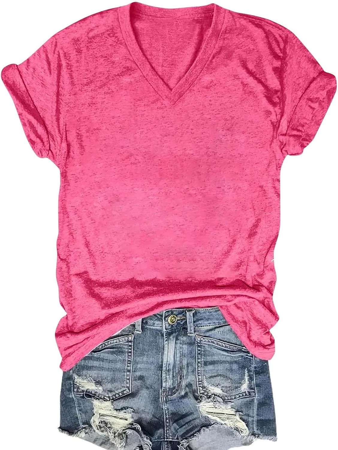 Женская футболка с V-образным вырезом Short Sleeve V Neck, Hot Pink