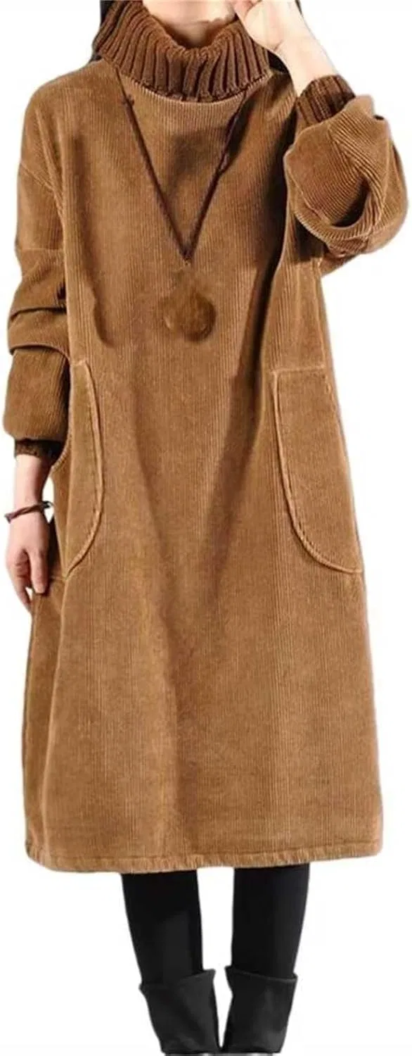 Женское платье из вельвета с высоким воротником Corduroy Pullover Dress, Coffee