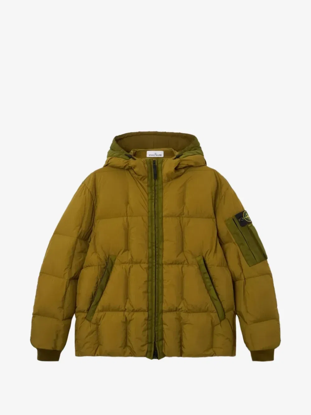 Пуховик 4100034 из нейлона с эффектом "крэкл" окрашенный в готовом виде Stone Island, зеленый