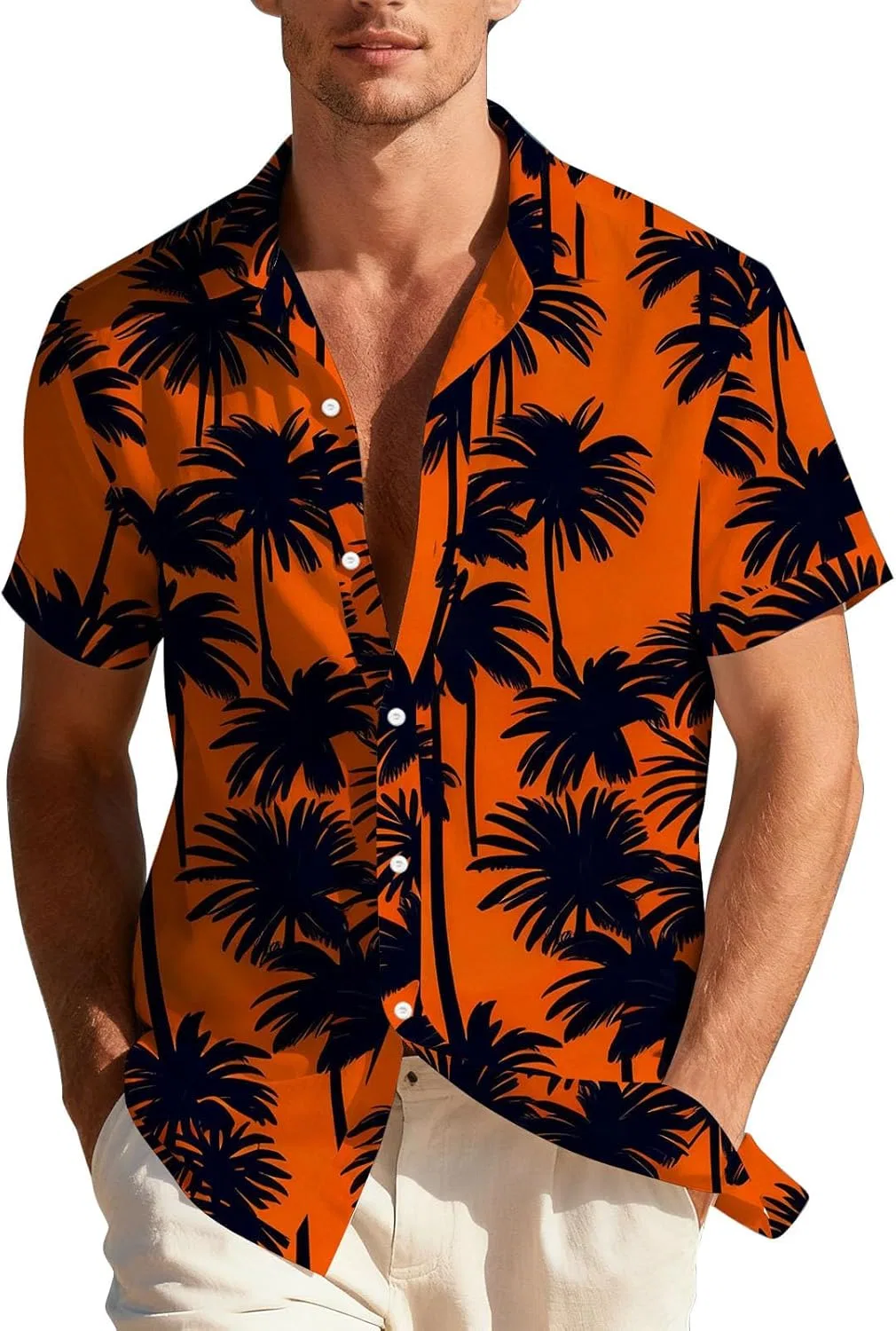 Мужская гавайская рубашка с цветочным принтом Button Down Casual Tee, Orange
