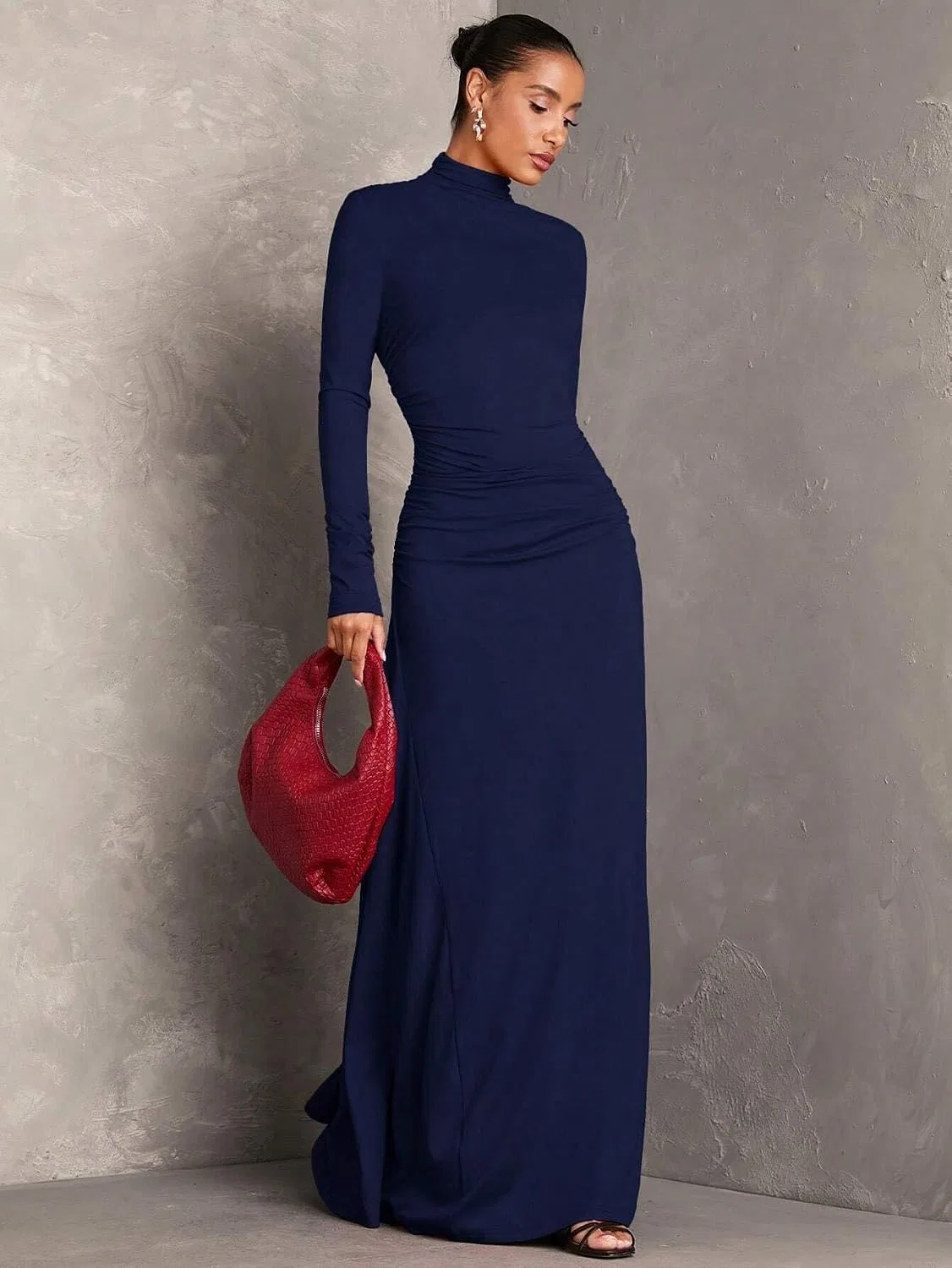 Женское платье с воротником-стойкой длинное приталенное, Navy Blue — фото 2