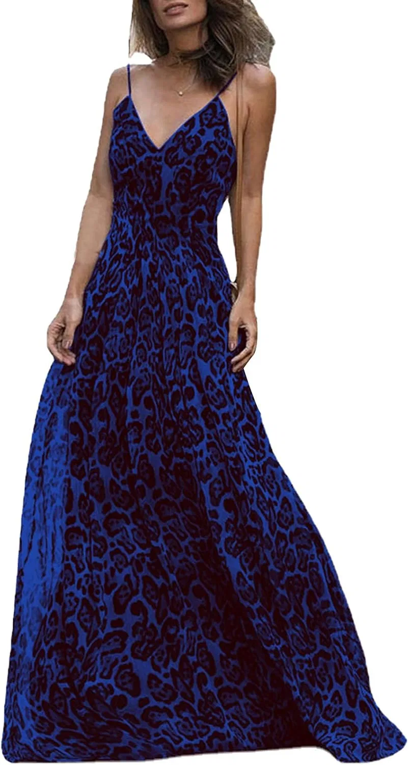 Женское летнее макси-платье с V-образным вырезом, Leopard Print, Blue